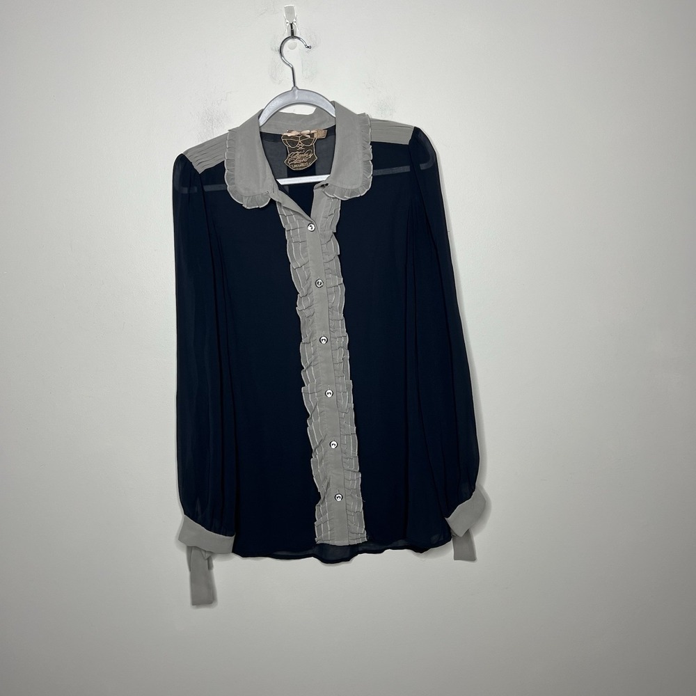 Twelve By Twelve Los Angeles Top Womens Large Navy Blue Sheer Romantic Blouse
